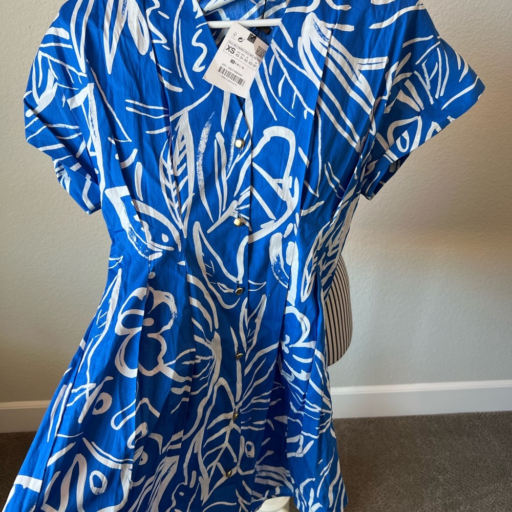 Zara Blue and White Pleated Dress NWT XS
